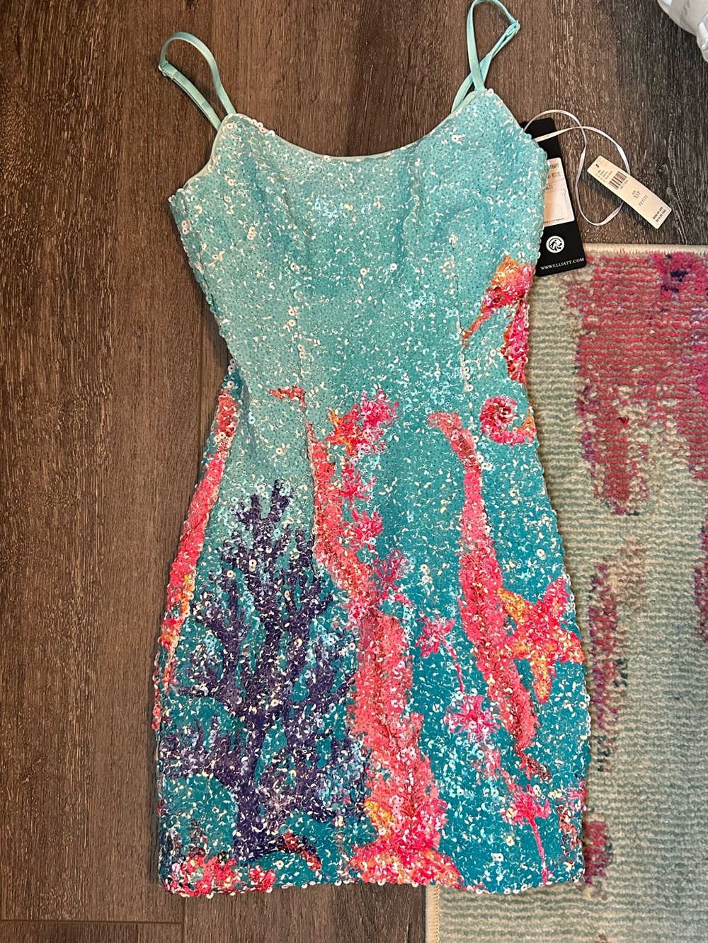 Elliatt Teal & Coral Sequin Ocean Mini Dress
